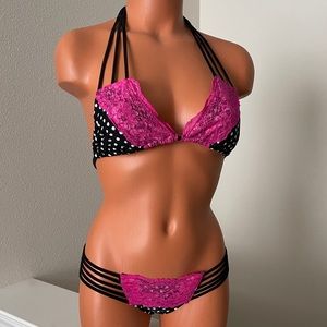 Beach Bunny Lady Lace Black Polka Dot & Pink Lace Bikini M top/XS bottom